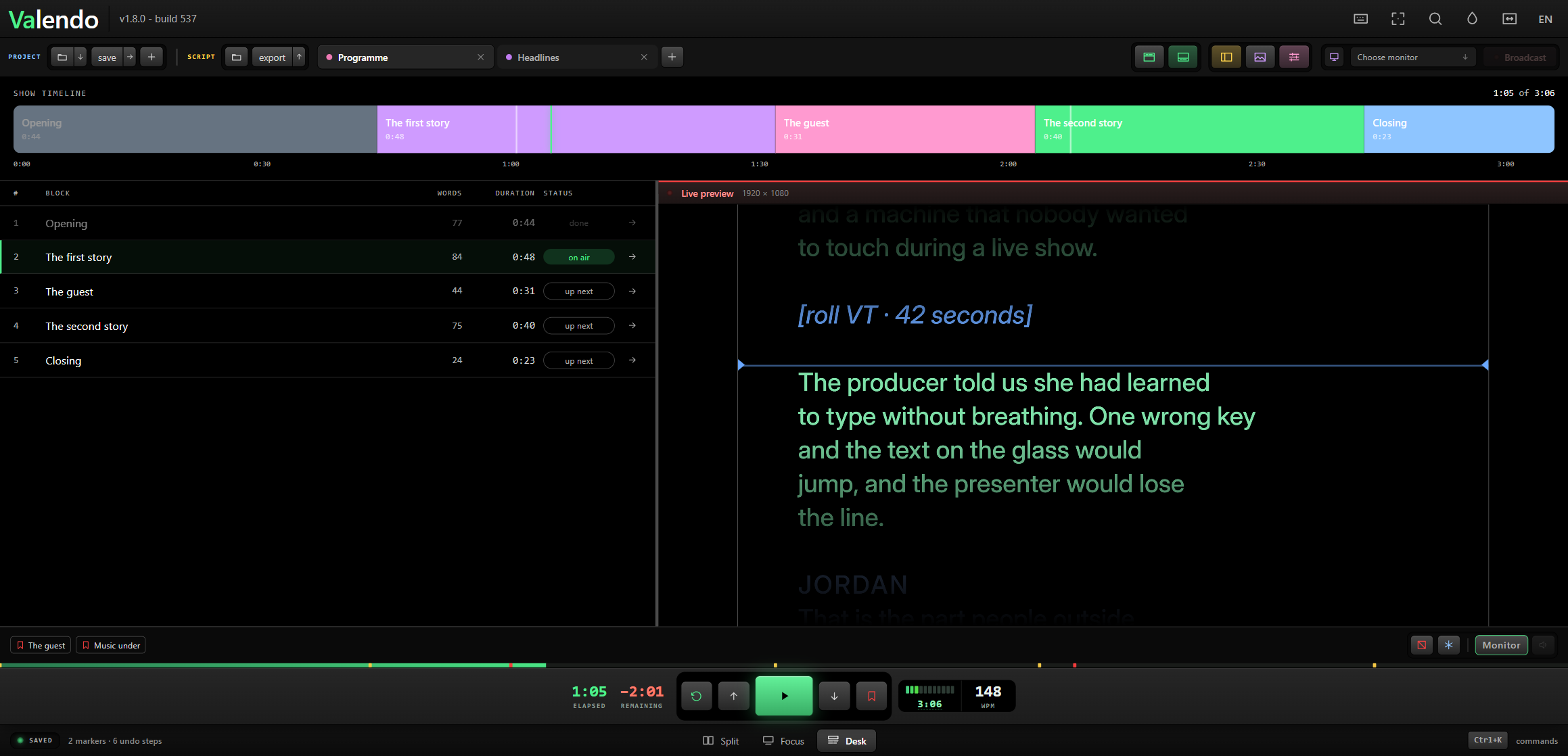 Desk mode: a rundown of blocks with word counts and durations, and a timeline