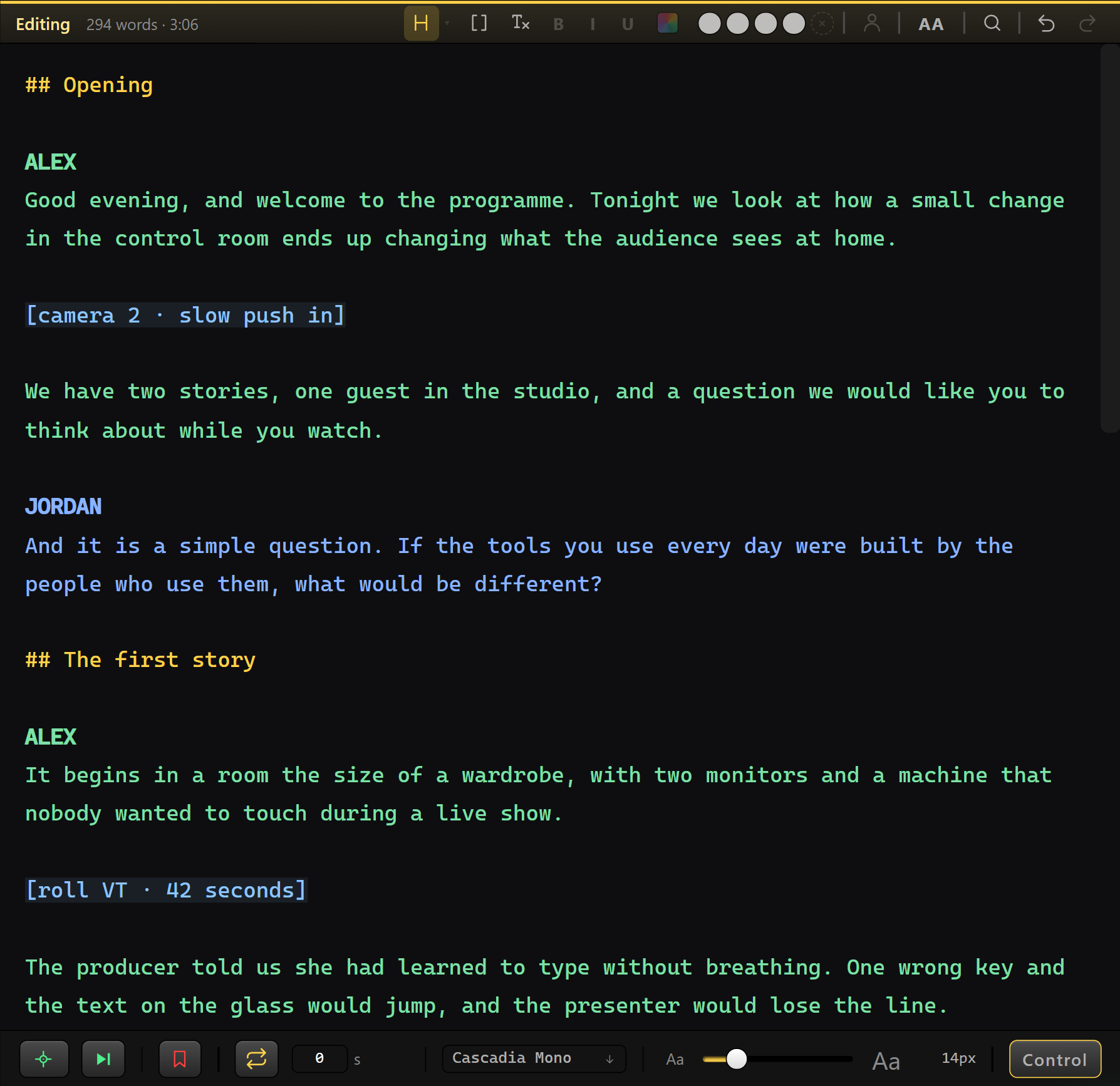 The script editor: a chapter in amber, a stage direction in blue on a tinted line