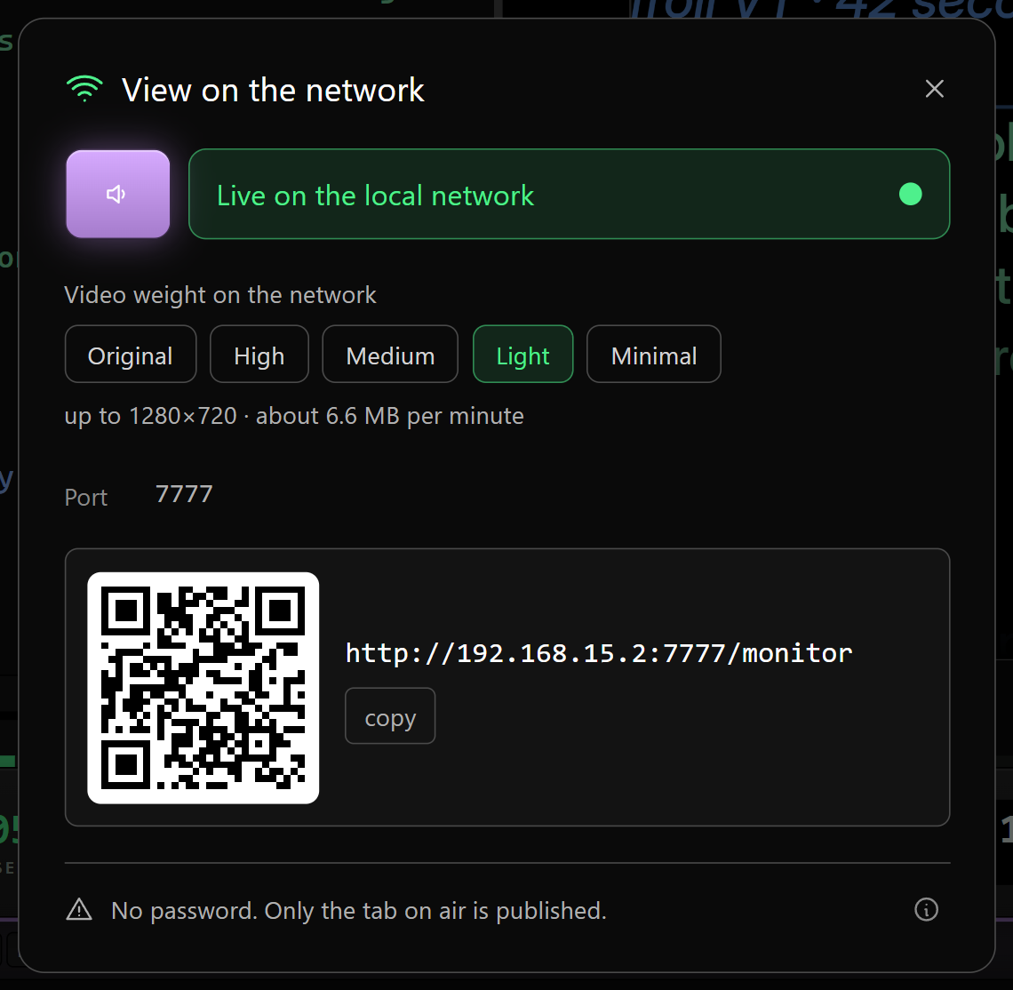 The network panel: the live switch, the five video weight profiles, a QR code and the address