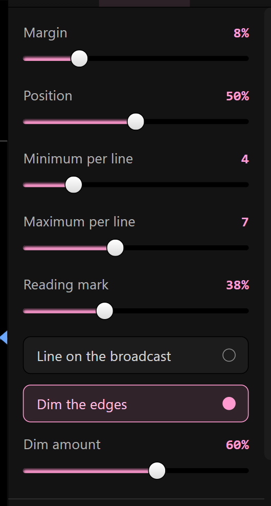 The reading controls: the mark, dim the edges, and how much