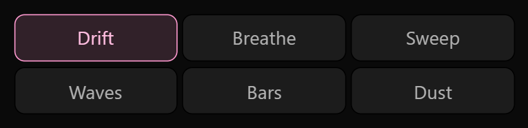 The six animated backgrounds: drift, breathe, sweep, waves, bars, dust