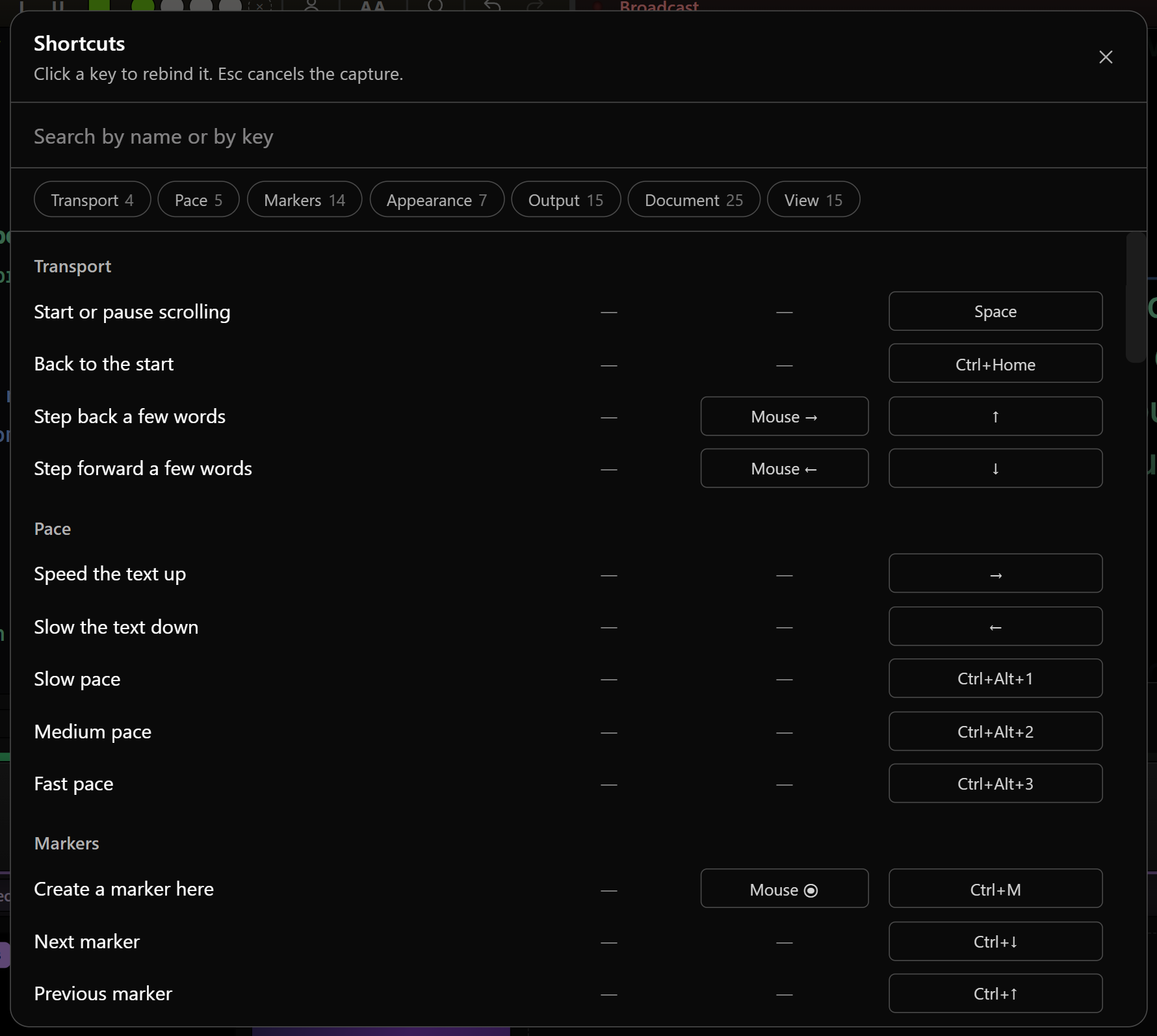 The shortcut list with keyboard, mouse and MIDI columns